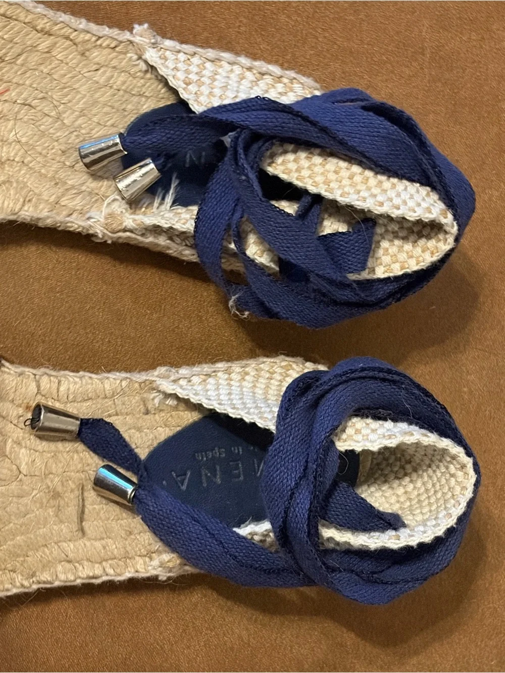 Romena Navy & White Striped Espadrille Lace-Up Flats Sz EU 39 runs small US8